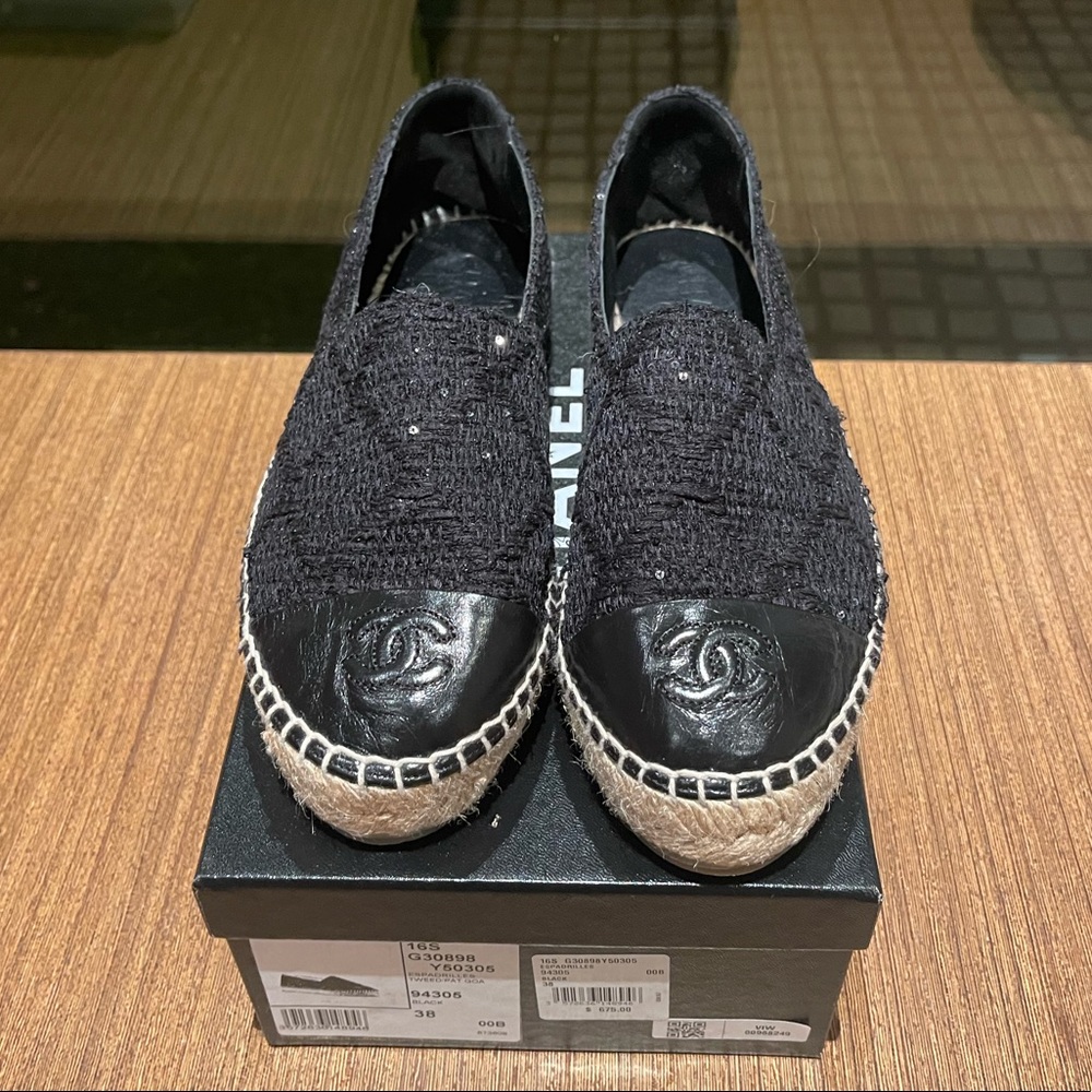 RARE CHANEL Black Tweed Espadrilles with Leather Toe (BRAND NEW, IN BOX)